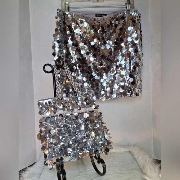 Metallic Beaded Skirt and Purse Silver Holiday Sequin Women Size Large (Bundle) - Picture 10 of 13